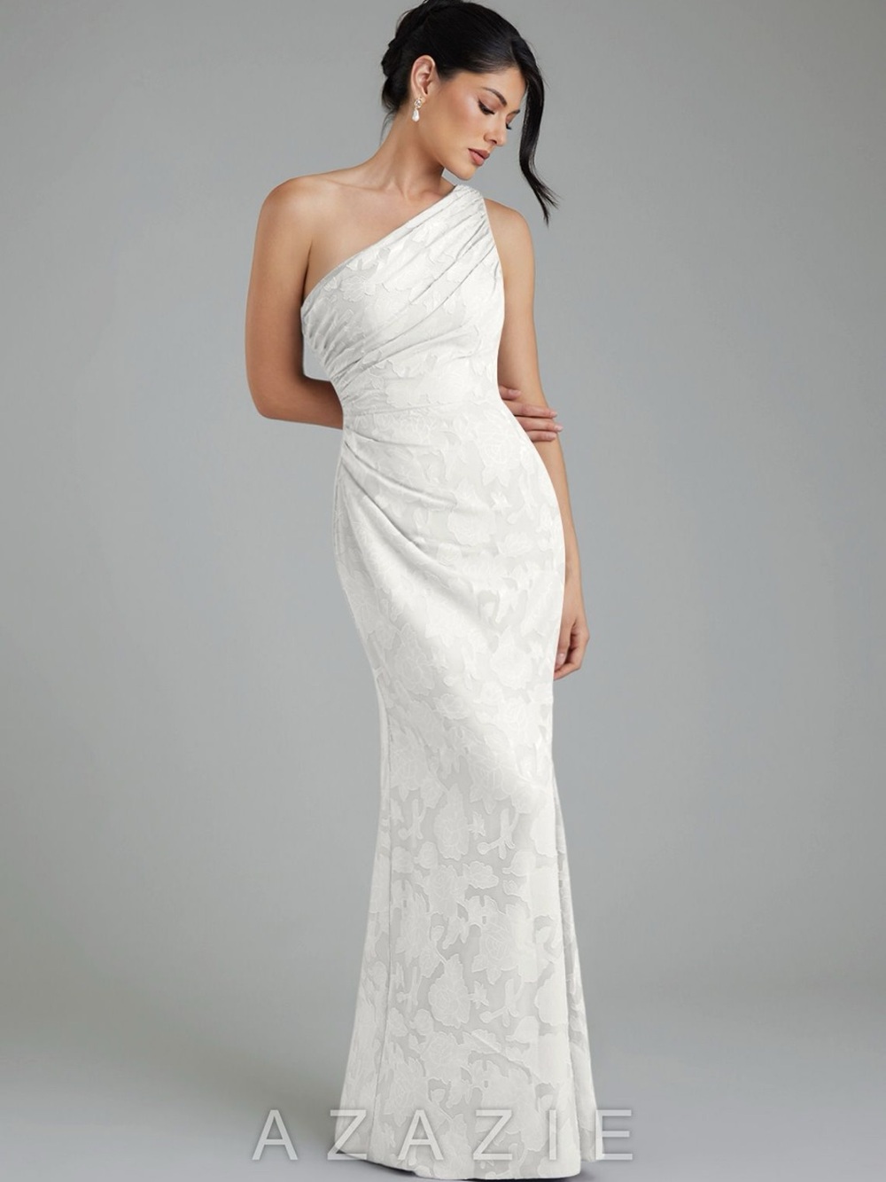 Azazie Akilah White One-Shoulder Jacquard Gown